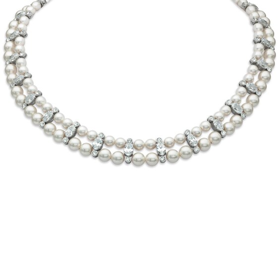 AVA Nadri Simulated Pearl and Cubic Zirconia Necklace in White Rhodium Brass - 16"