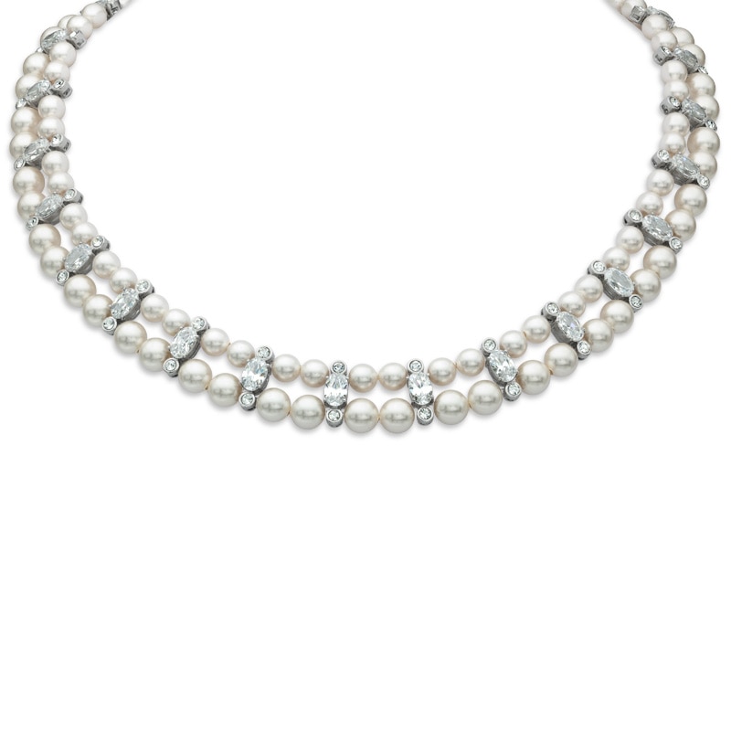 Main Image 1 of AVA Nadri Simulated Pearl and Cubic Zirconia Necklace in White Rhodium Brass - 16"