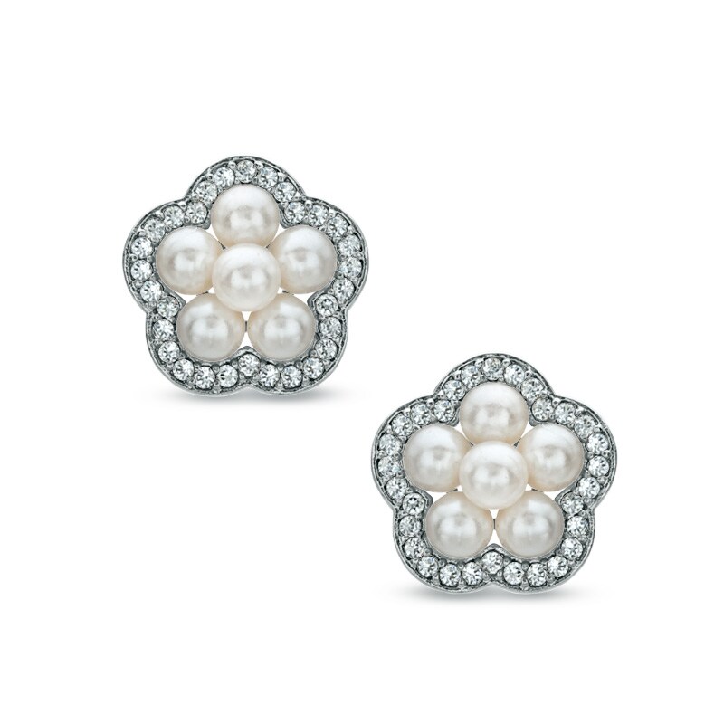 Main Image 1 of AVA Nadri Simulated Pearl and Crystal Flower Earrings in White Rhodium Brass