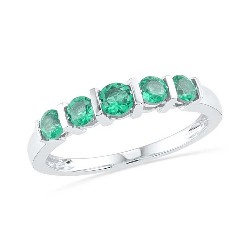 Main Image 1 of Lab-Created Emerald Five Stone Anniversary Band in Sterling Silver