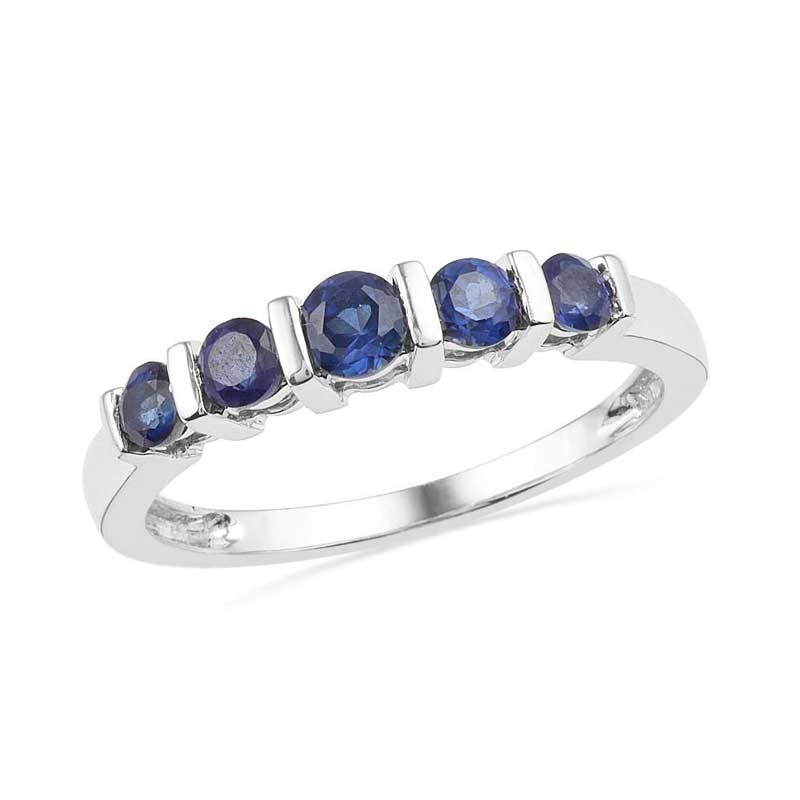 Main Image 1 of Lab-Created Blue Sapphire Five Stone Anniversary Band in Sterling Silver