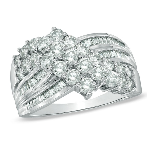 2 CT. T.w. Diamond Cluster Crossover Ring in 10K White Gold