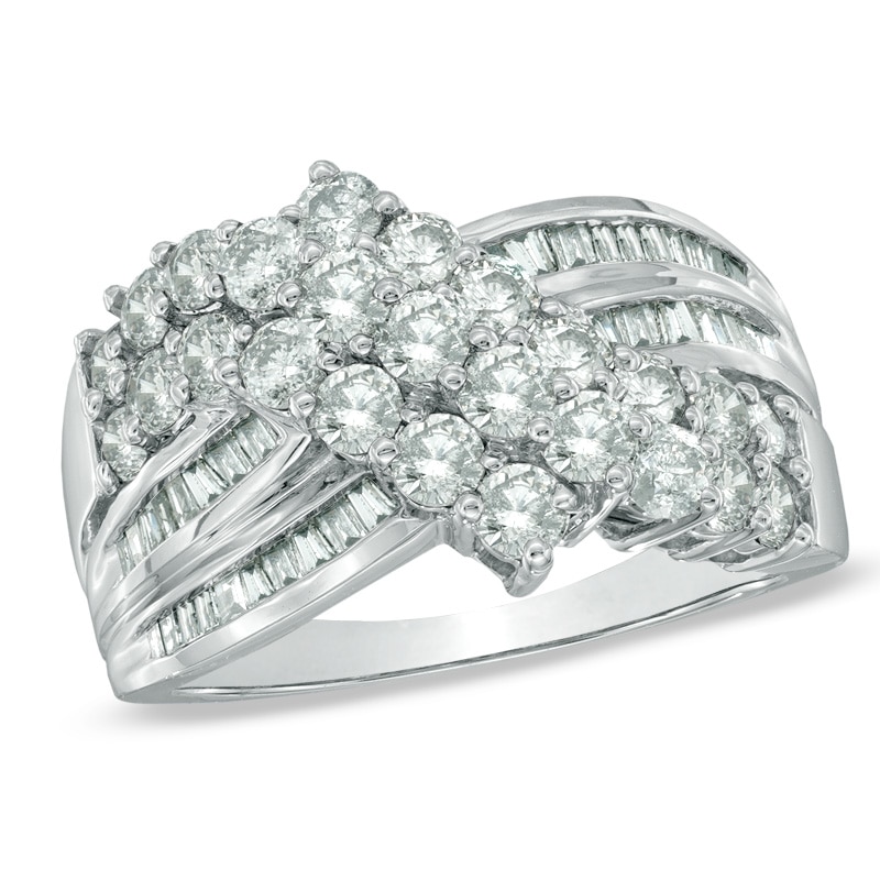 2 CT. T.W. Diamond Cluster Crossover Ring in 10K White Gold