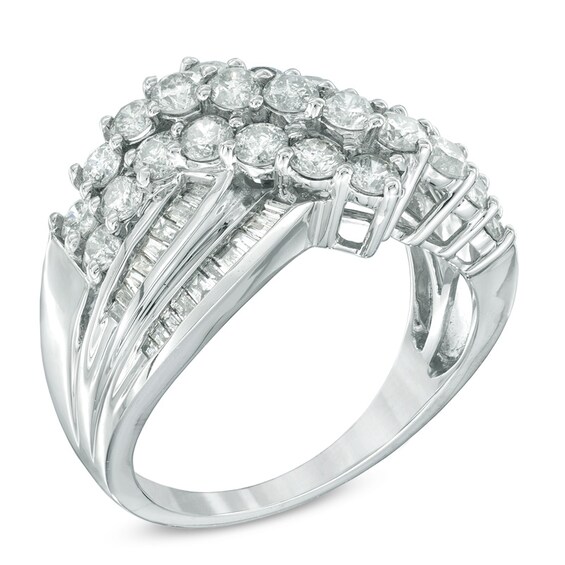 2 CT. T.w. Diamond Cluster Crossover Ring in 10K White Gold