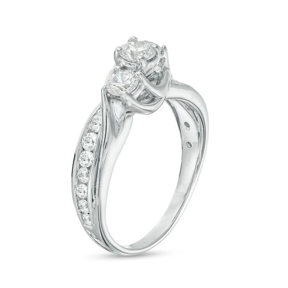 1 CT. T.w. Diamond Three Stone Slant Engagement Ring in 14K White Gold