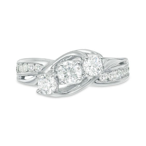 1 CT. T.w. Diamond Three Stone Slant Engagement Ring in 14K White Gold
