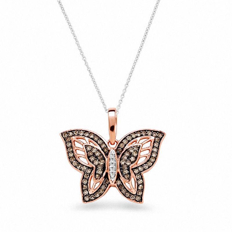 1/3 CT. T.W. Champagne and White Diamond Butterfly Pendant in 10K Rose Gold