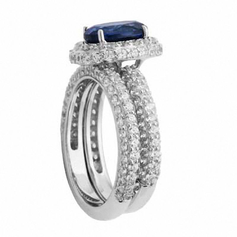 Oval Lab-Created Blue and White Sapphire Bridal Set in Sterling Silver