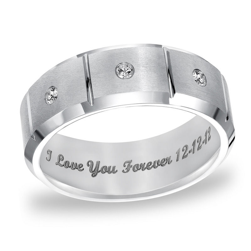Main Image 1 of Triton 1/10 CT. T.W. Diamond Engraved Three Stone Comfort Fit Tungsten Wedding Band (25 Characters)