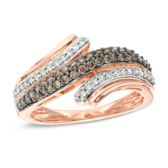 1/2 CT. T.w. Champagne and White Diamond Wave Bypass Ring in 10K Rose Gold