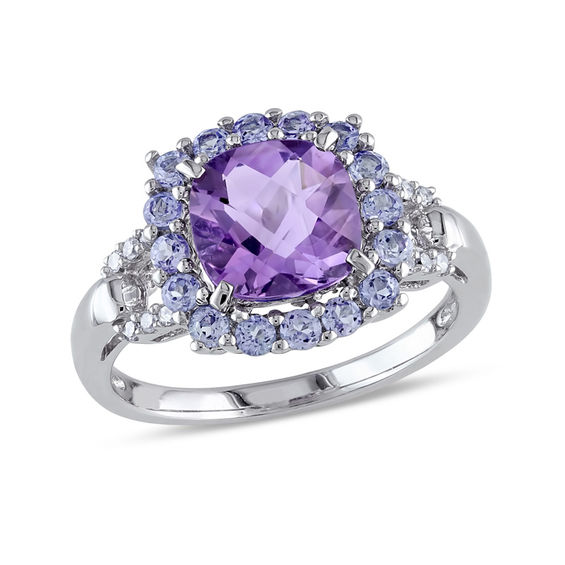 8.0mm Cushion-Cut Amethyst, Tanzanite and 1/20 CT. T.W. Diamond Ring in ...