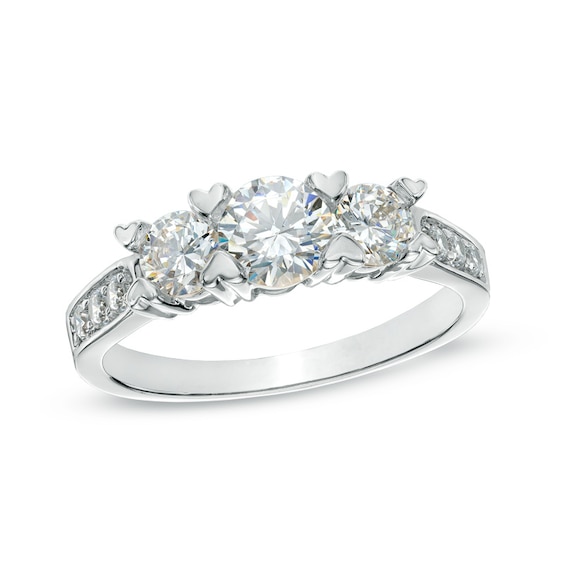 Lab-Created White Sapphire Three Stone Heart-Prong Ring in 10K White Gold