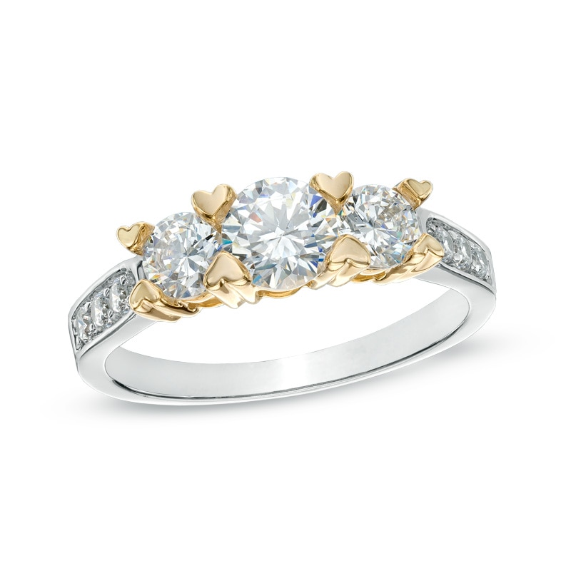 Main Image 1 of White Lab-Created Sapphire Three Stone Heart-Prong Ring in 10K Two-Tone Gold