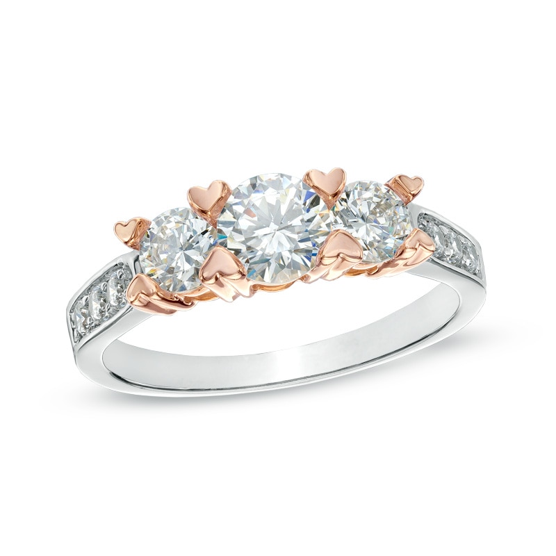 Main Image 1 of White Lab-Created Sapphire Three Stone Rose-Tone Heart Prong Ring in 10K Two-Tone Gold