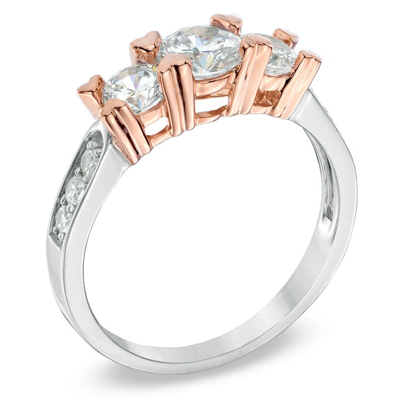 Main Image 2 of White Lab-Created Sapphire Three Stone Rose-Tone Heart Prong Ring in 10K Two-Tone Gold