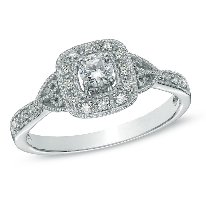 Main Image 1 of 1/3 CT. T.W. Diamond Frame Vintage-Style Engagement Ring in 10K White Gold