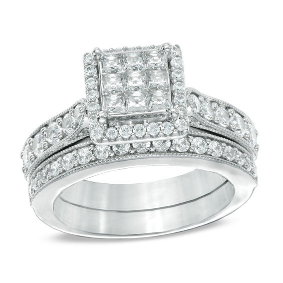 1-1/2 CT. T.w. Princess-Cut Composite Diamond Frame Bridal Set in 14K White Gold