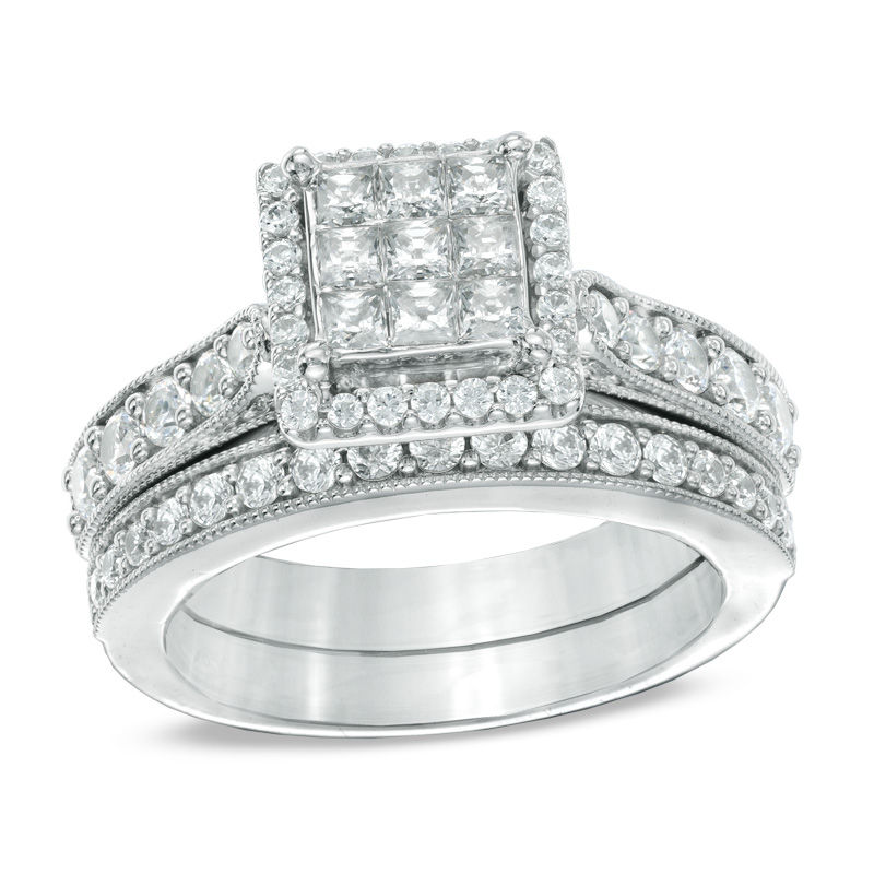Main Image 1 of 1-1/2 CT. T.W. Princess-Cut Composite Diamond Frame Bridal Set in 14K White Gold