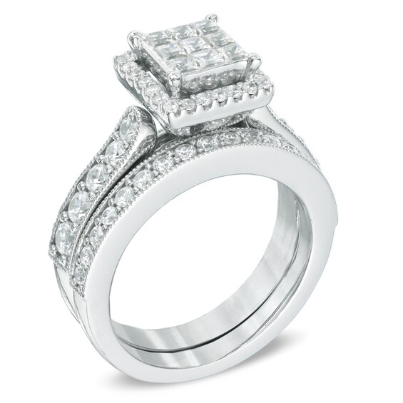 1-1/2 CT. T.w. Princess-Cut Composite Diamond Frame Bridal Set in 14K White Gold