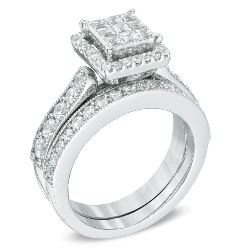 Main Image 2 of 1-1/2 CT. T.W. Princess-Cut Composite Diamond Frame Bridal Set in 14K White Gold