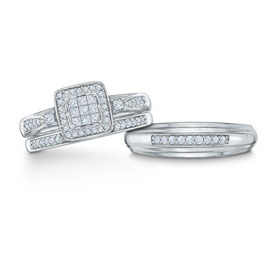 1/2 CT. T.w. Quad Frame Diamond Wedding Ensemble in 10K White Gold - Size 7 and 10