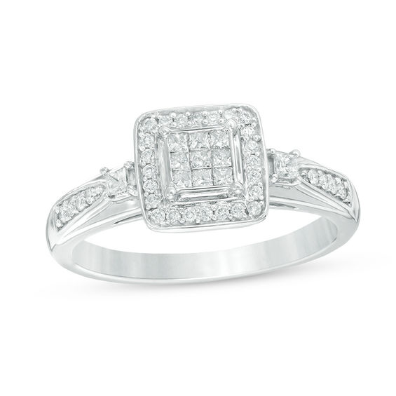 1/2 CT. T.w. Quad Frame Diamond Wedding Ensemble in 10K White Gold - Size 7 and 10