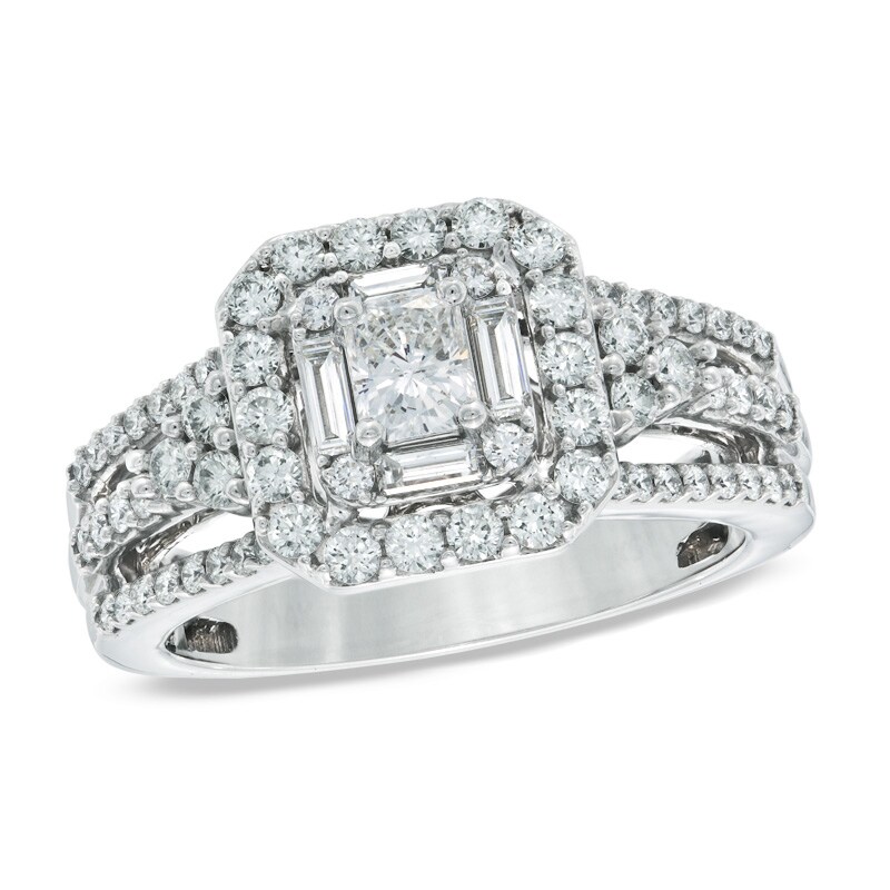 Main Image 1 of Celebration Lux® 1-1/5 CT. T.W. Radiant-Cut Certified Diamond Frame Engagement Ring in 14K White Gold (I/SI2)