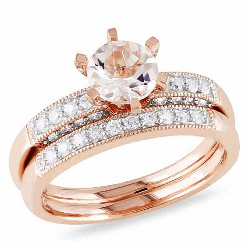 6.0mm Morganite and 1/3 CT. T.W. Diamond Bridal Set in 10K Rose Gold ...