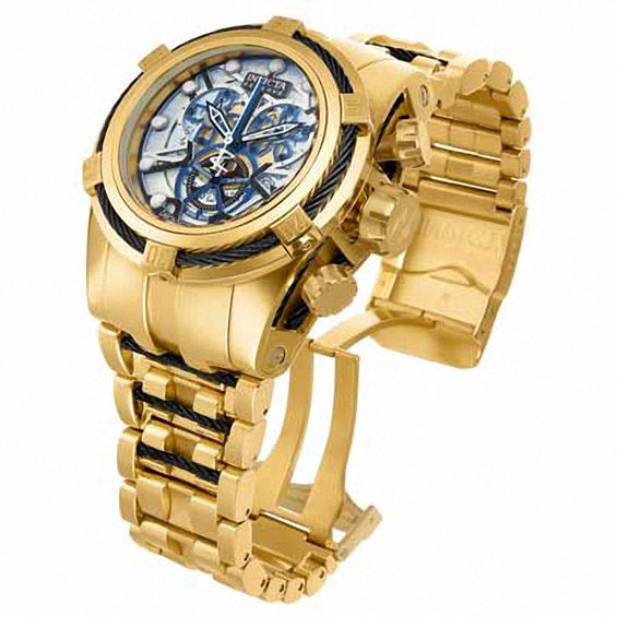 Men's Invicta Bolt Chronograph Gold-Tone Watch with Silver-Tone Skeleton Dial (Model: 13758)