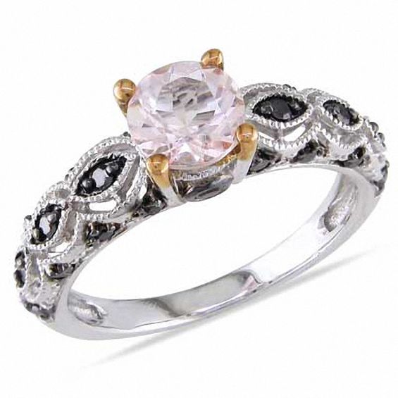 6.0mm Morganite and 1\/4 CT. T.W. Enhanced Black Diamond Engagement Ring in 10K White Gold 