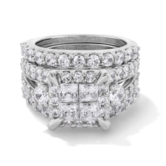 4 CT. T.w. Quad Princess-Cut Diamond Frame Three Piece Bridal Set in 14K White Gold