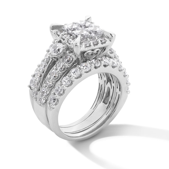 4 CT. T.w. Quad Princess-Cut Diamond Frame Three Piece Bridal Set in 14K White Gold