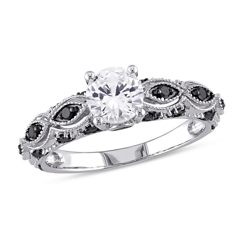 6.0mm Lab-Created White Sapphire and 1/4 CT. T.W. Black Diamond Engagement Ring in 10K White Gold