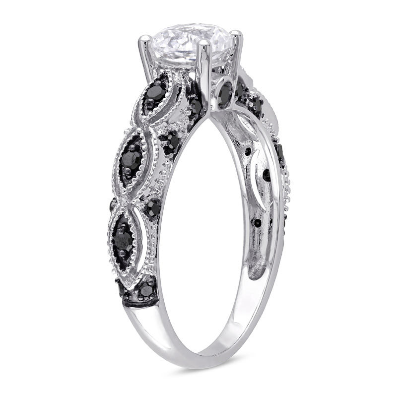 6.0mm Lab-Created White Sapphire and 1/4 CT. T.W. Black Diamond Engagement Ring in 10K White Gold