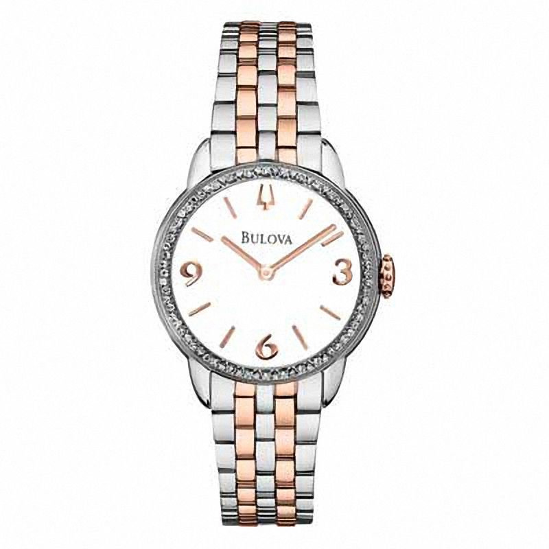 Ladies' Bulova Diamond Accent Two-Tone Watch with White Dial (Model: 96R182)