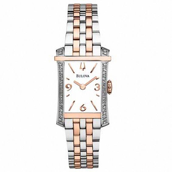 Ladies' Bulova Diamond Accent Two-Tone Watch with Rectangular White Dial (Model: 98R186)