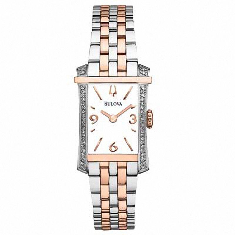 Main Image 1 of Ladies' Bulova Diamond Accent Two-Tone Watch with Rectangular White Dial (Model: 98R186)