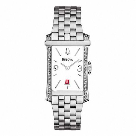 Ladies' Bulova Diamond Accent Watch with Rectangular White Dial (Model: 96R187)