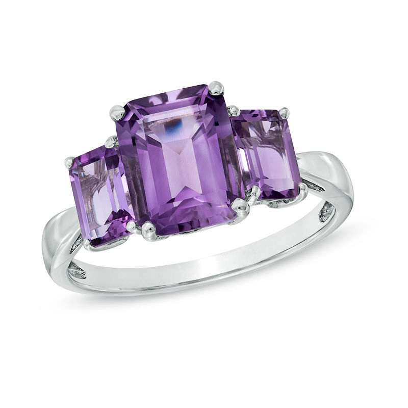 Main Image 1 of Emerald-Cut Amethyst Three Stone Ring in 10K White Gold