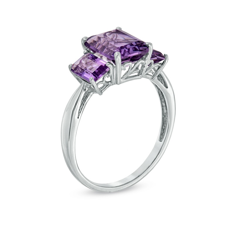 Main Image 2 of Emerald-Cut Amethyst Three Stone Ring in 10K White Gold