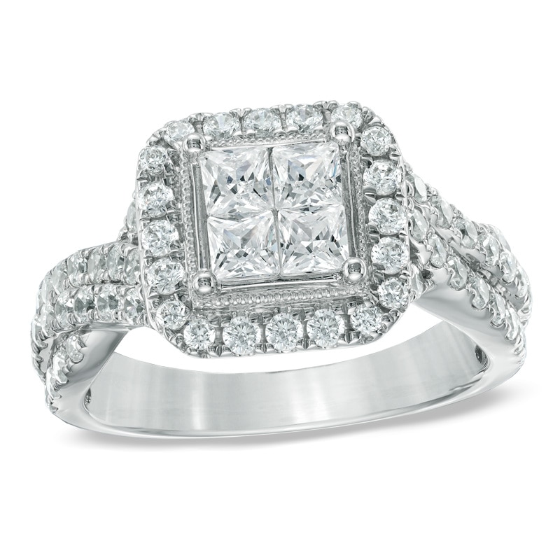 Main Image 1 of 1-1/2 CT. T.W. Princess-Cut Quad Diamond Twist Shank Engagement Ring in 14K White Gold