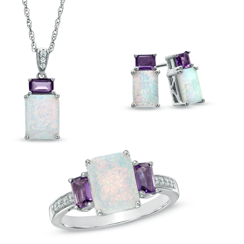 Main Image 1 of Lab-Created Emerald-Cut Opal, Amethyst and White Sapphire Pendant, Ring and Earrings Set in Sterling Silver - Size 7