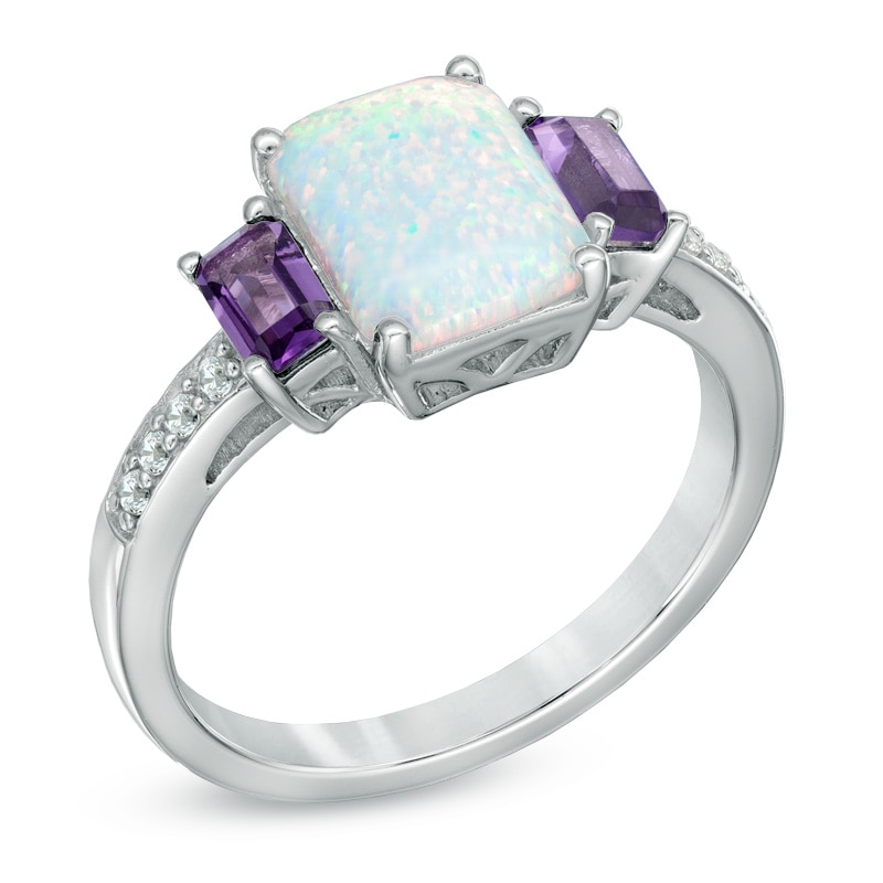Main Image 2 of Lab-Created Emerald-Cut Opal, Amethyst and White Sapphire Pendant, Ring and Earrings Set in Sterling Silver - Size 7