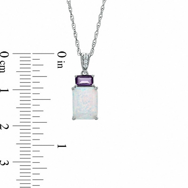 Main Image 3 of Lab-Created Emerald-Cut Opal, Amethyst and White Sapphire Pendant, Ring and Earrings Set in Sterling Silver - Size 7