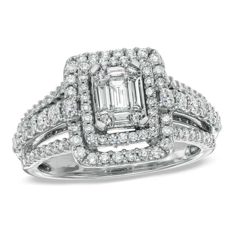 Main Image 1 of 1 CT. T.W. Multi-Baguette Diamond Double Frame Engagement Ring in 14K White Gold