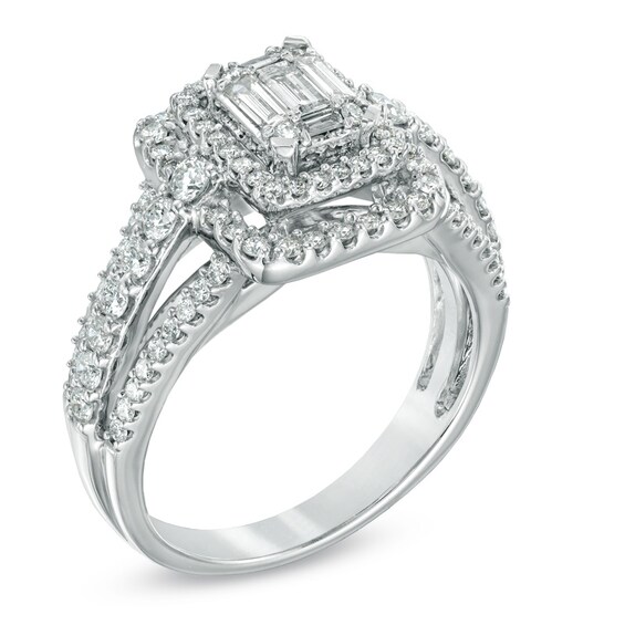 1 CT. T.w. Multi-Baguette Diamond Double Frame Engagement Ring in 14K White Gold