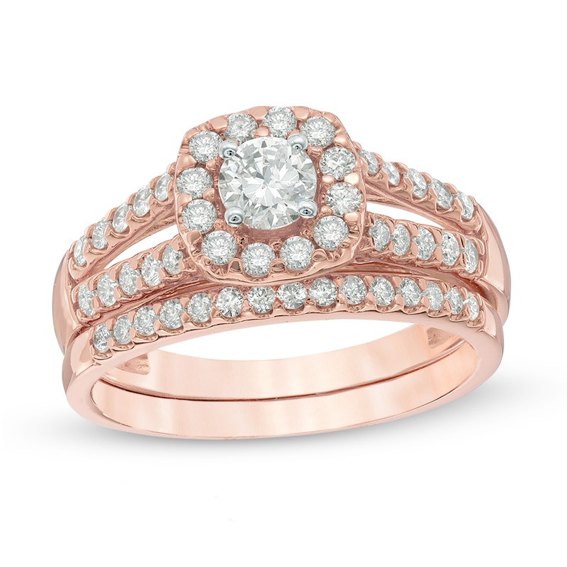 Main Image 1 of 1 CT. T.W. Diamond Frame Split Shank Bridal Set in 14K Rose Gold