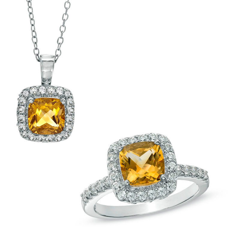 Main Image 1 of 7.0mm Cushion-Cut Citrine and Lab-Created White Sapphire Pendant and Ring Set in Sterling Silver - Size 7