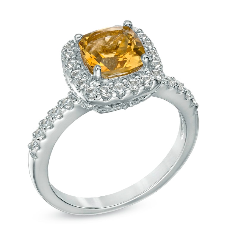 Main Image 2 of 7.0mm Cushion-Cut Citrine and Lab-Created White Sapphire Pendant and Ring Set in Sterling Silver - Size 7