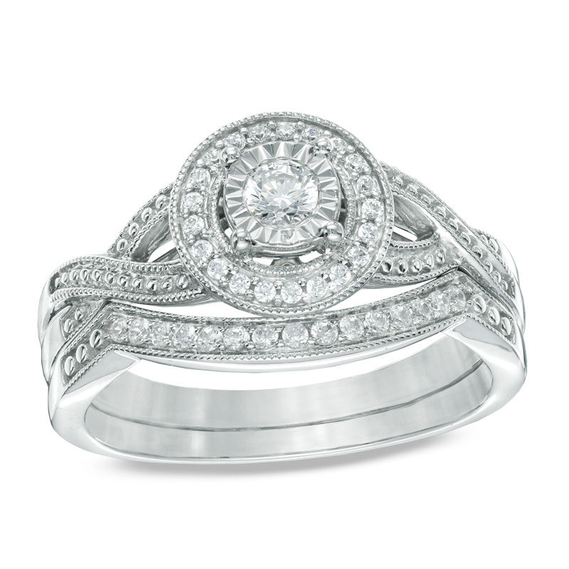Main Image 1 of 1/4 CT. T.W. Diamond Frame Vintage-Style Bridal Set in 10K White Gold